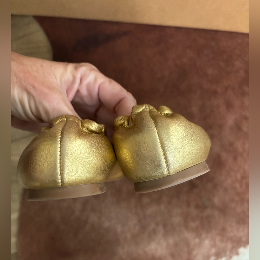 Tory Burch Metallic Gold Leather Logo Ballet Flats - Picture 5 of 10